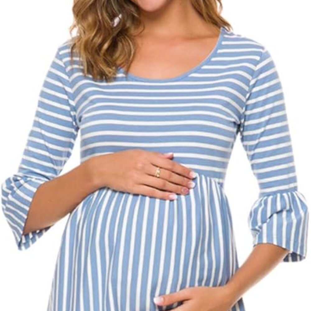 MATERNITY Blue Breton Striped Peplum Top - 3/4 sleeves